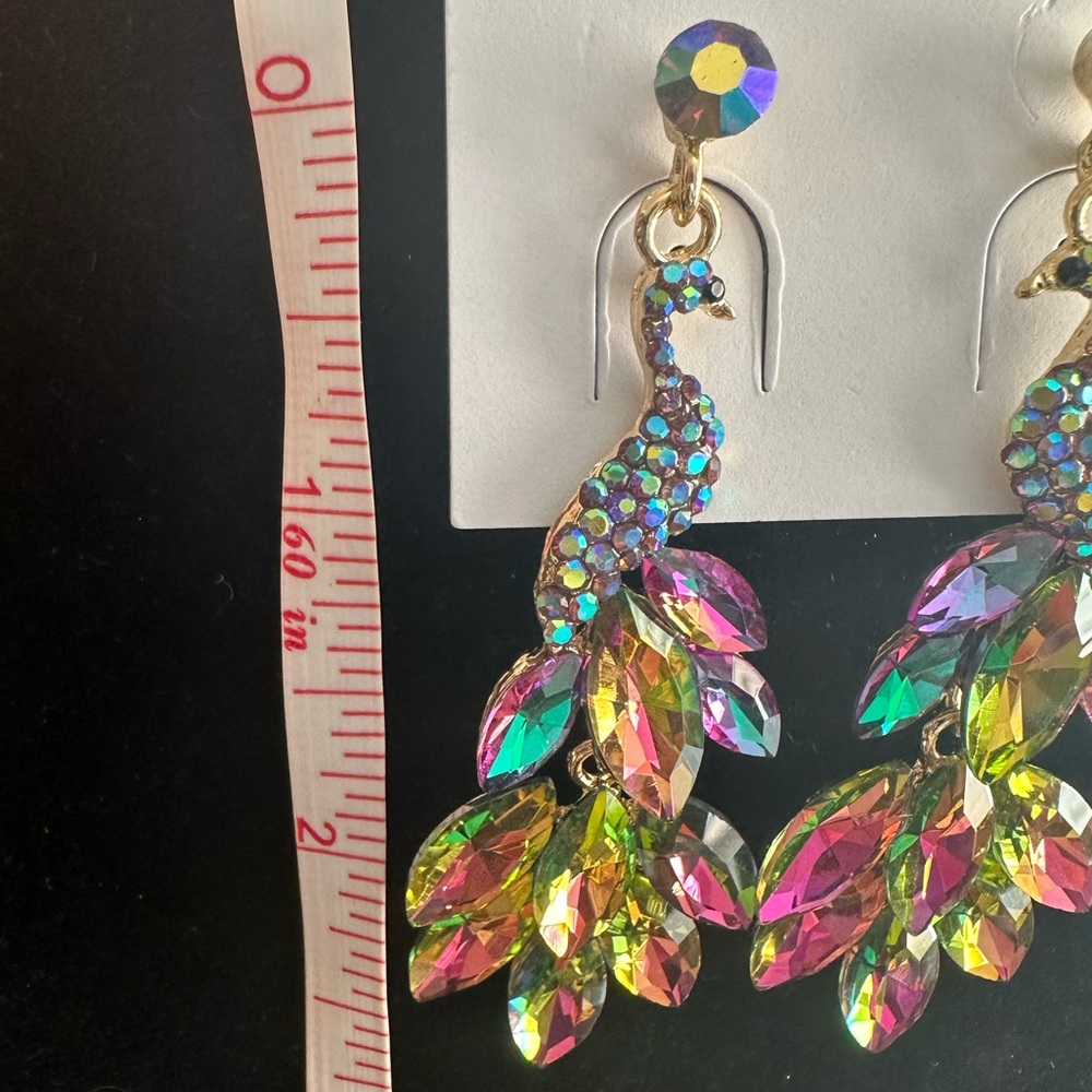 Peacock rhinestone dangle statement earrings, New! - Picture 8 of 14